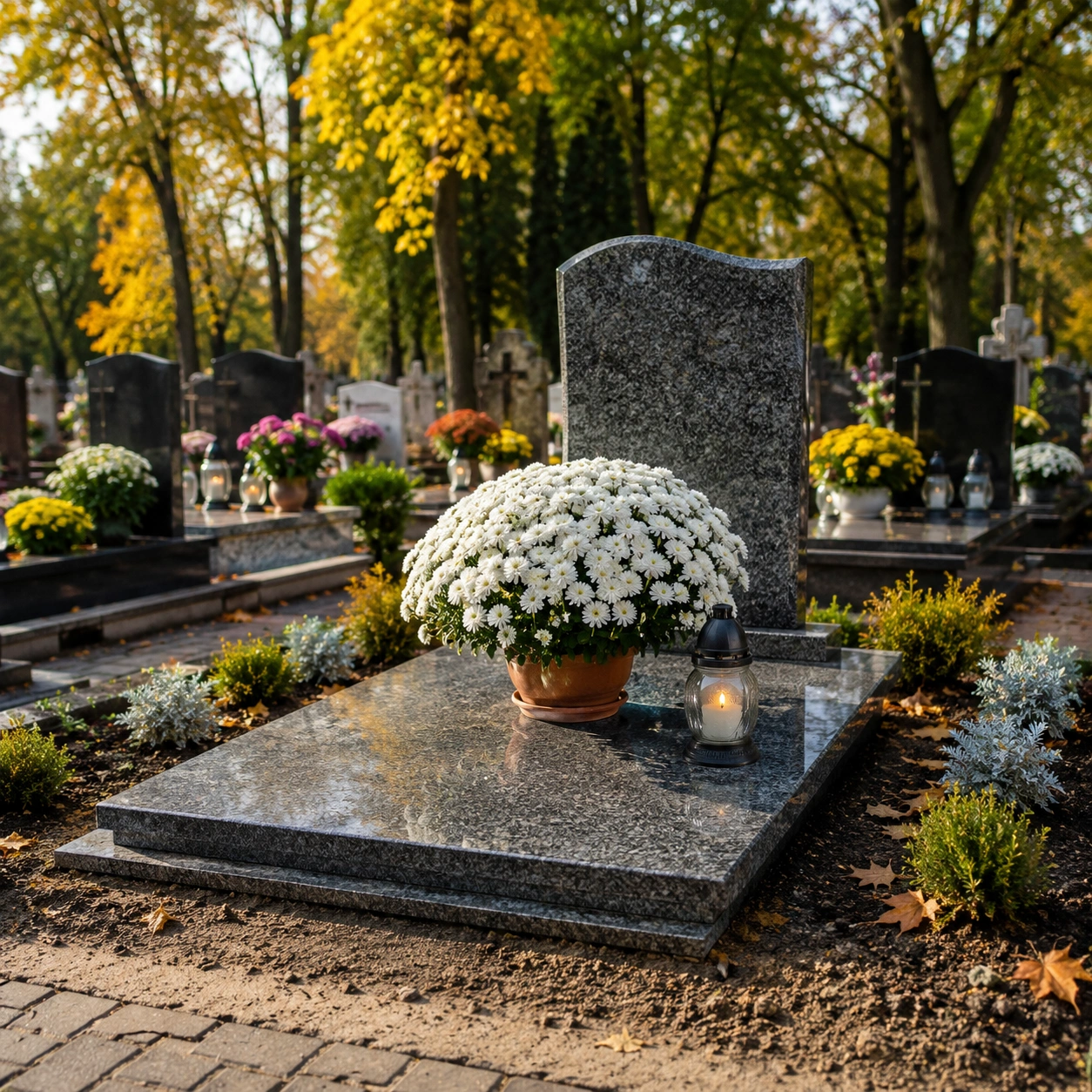 Gondozott sír friss virágokkal és mécsessel — Bloomi éves sírgondozás csomag